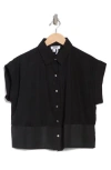 Dkny Short Sleeve Satin Button-up Shirt In Black