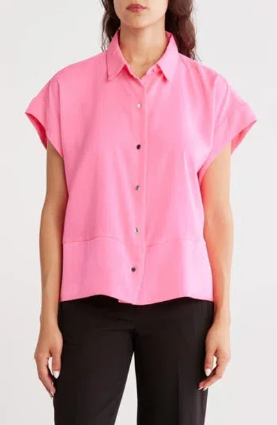 Dkny Short Sleeve Satin Button-up Shirt In Pink