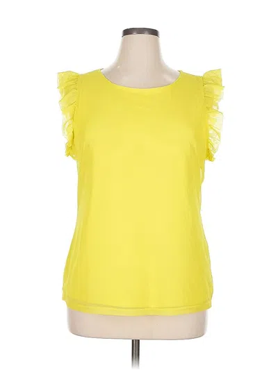 Pre-owned Dkny Short Sleeve Top Yellow Solid Pattern Ruffles Neckline Tops