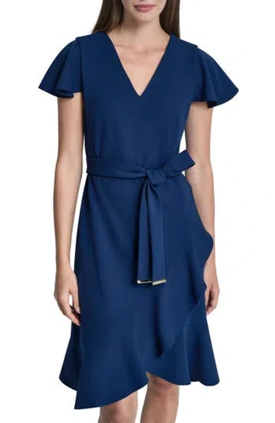 Dkny Short Sleeve Tulip Hem Fit & Flare Dress In Blue