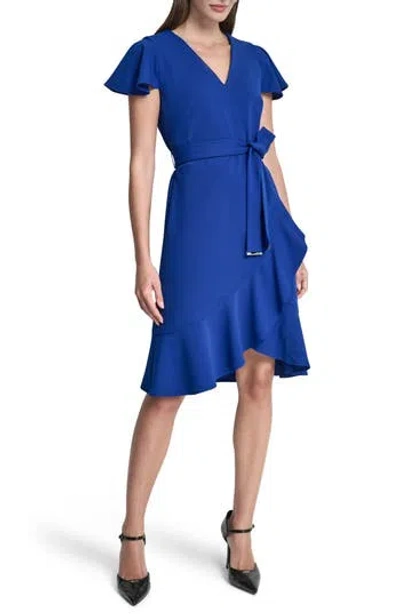Dkny Short Sleeve Tulip Hem Fit & Flare Dress In Blue