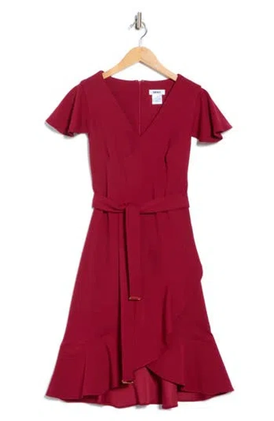 Dkny Short Sleeve Tulip Hem Fit & Flare Dress In Burgundy
