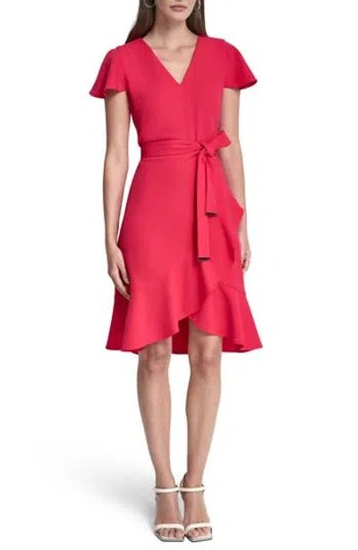 Dkny Short Sleeve Tulip Hem Fit & Flare Dress In Red