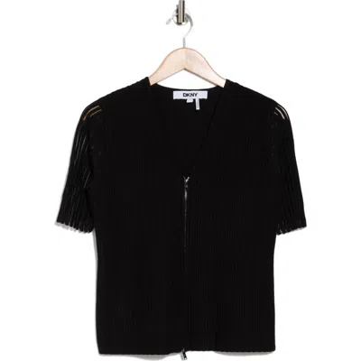 Dkny Short Sleeve Zip Front Ribbed Cardigan In Black