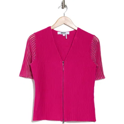 Dkny Short Sleeve Zip Front Ribbed Cardigan In Festve Pnk