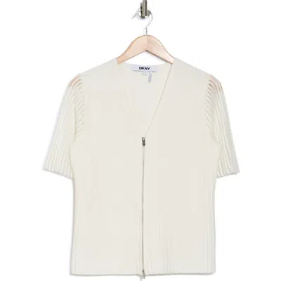 Dkny Short Sleeve Zip Front Ribbed Cardigan In Ivory