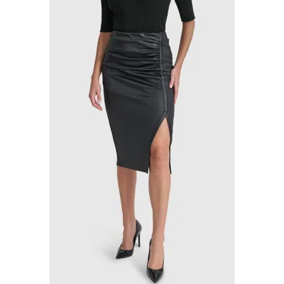 Dkny Side Ruched Faux Leather Pencil Skirt In Black