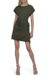 Dkny Side Tie Short Sleeve Stretch Cotton Minidress In Fatigue