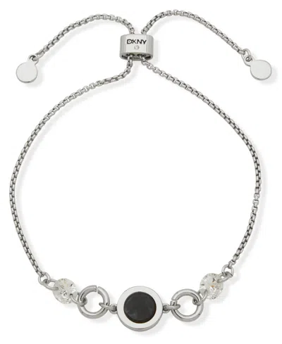 Dkny Silver-tone Dynamic Open Inlay Black Jet Slider Bracelet In Metallic