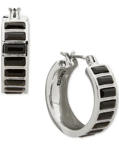 Dkny Silver-tone Polished Jet Stone Hoop Earrings In Black