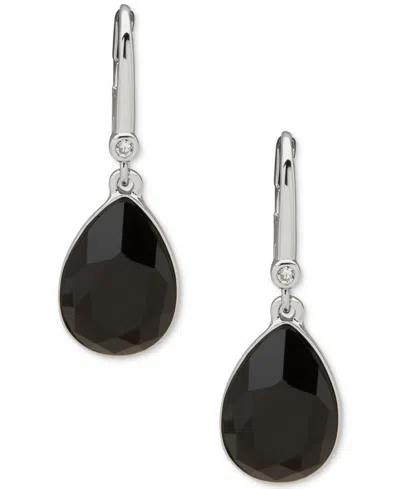 Dkny Silver-tone Polished Jet Stone Teardrop Earrings In Black