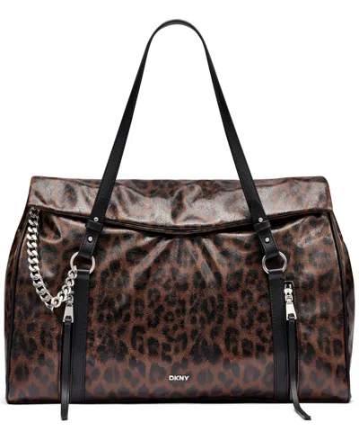 Dkny Skye Leopard-print Laptop-compatible Faux Leather Satchel In Multi