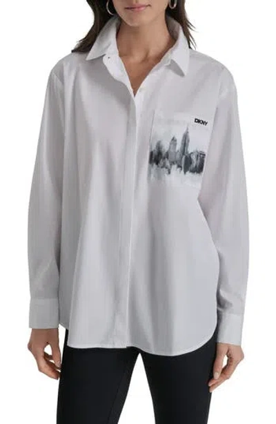 Dkny Skyline Pocket Oversize Long Sleeve Button-up Shirt In White