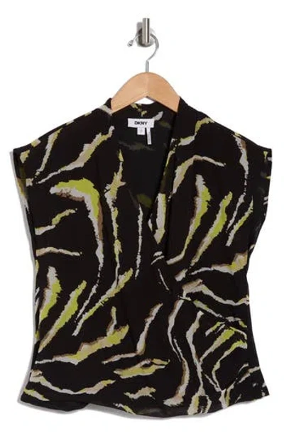 Dkny Sleeveless Faux Wrap Top In Black/acid Yellow
