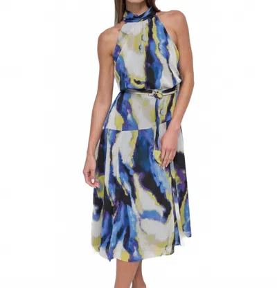Dkny Sleeveless Halter Chiffon Dress In Vertical Wave In Blue