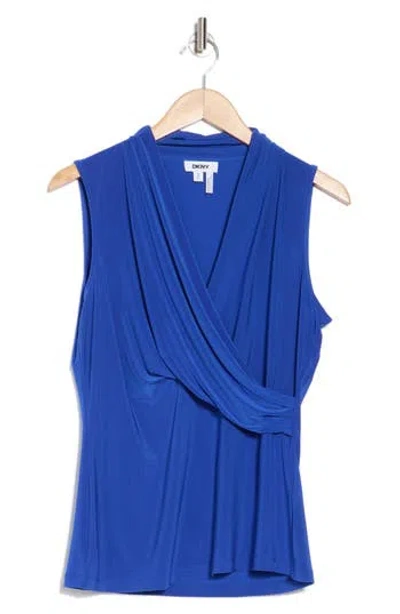 Dkny Sleeveless Knit Faux Wrap Top In Blue