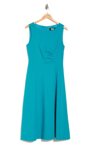Dkny Sleeveless Ruched A-line Midi Dress In Gulf Blue