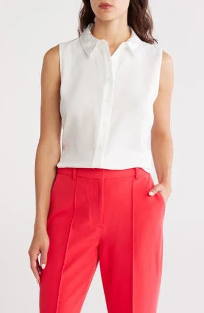 Dkny Sleeveless Satin Button-up Shirt In White