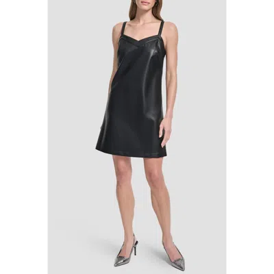 DKNY DKNY SLEEVELESS V-NECK FAUX LEATHER SHIFT DRESS