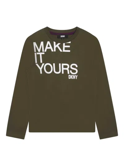 Dkny Kids' Slogan-print Cotton Top In Green