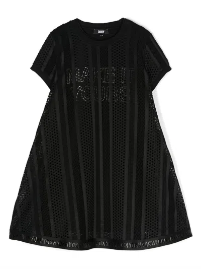 Dkny Kids' Slogan-print Mesh Minidress In Black