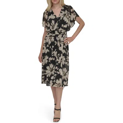 Dkny Smocked Flutter Sleeve Midi Dress In Bk/khk Mul