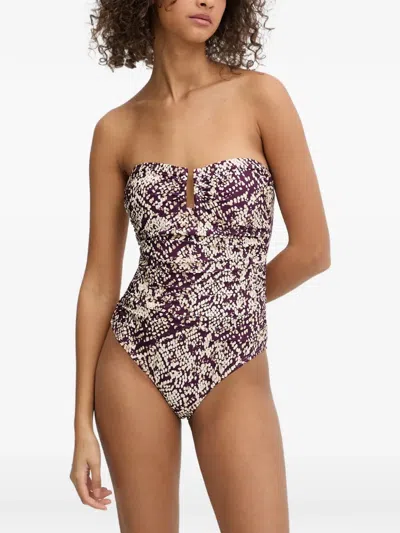 Dkny Snake-print Ruched Swimsuit In Gray