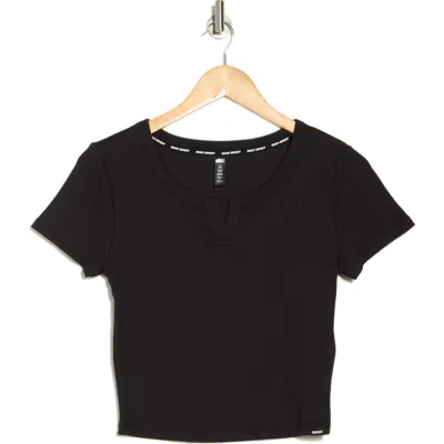 Dkny Split Neck Rib Knit T-shirt In Black