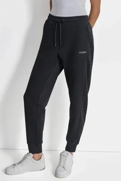 DKNY DKNY SPORT JOGGERS WOMEN'S BLACK FLEECE RHINESTONE DRAWSTRING WAIST FTS470