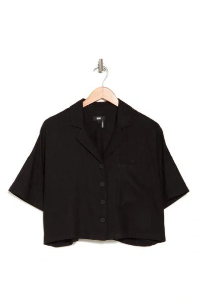 Dkny Sport Linen Blend Crop Button-up Camp Shirt In Black