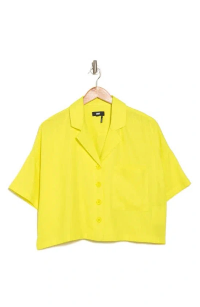 Dkny Sport Linen Blend Crop Button-up Camp Shirt In Fluoro Yellow