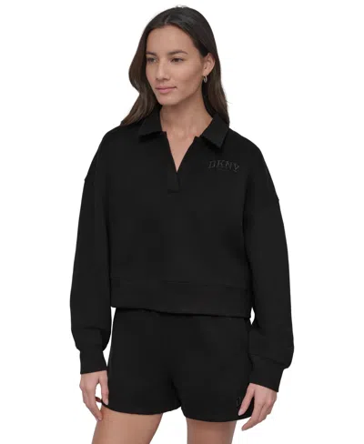 Dkny Sport Varsity Embroidered Logo Johnny Collar Top In Black