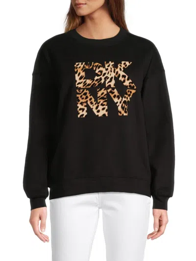 Dkny Sport Women's Animal Print Logo Drop Shoulder Sweatshirt In Black