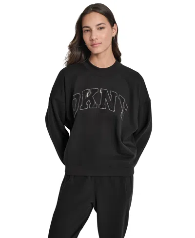 Dkny Sport Women's Arched Rhinestone Varsity Logo Graphic Long-sleeve Crewneck Sweatshirt In Black