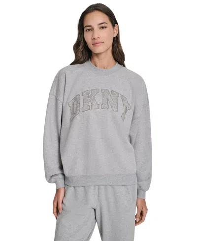 Dkny Sport Women's Arched Rhinestone Varsity Logo Graphic Long-sleeve Crewneck Sweatshirt In Gray