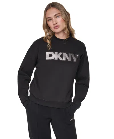 Dkny Sport Women's Bowery Foil Rhinestone Logo Crewneck Pullover Sweatshirt In Black