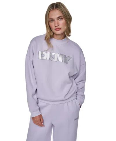 Dkny Sport Women's Bowery Foil Rhinestone Logo Crewneck Pullover Sweatshirt In Purple