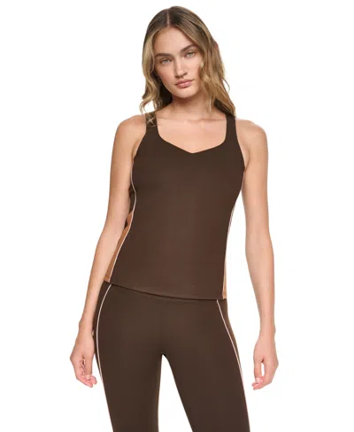 Dkny Sport Women's Built-in Shelf Bra Colorblock V-neck Tank Top In Brown