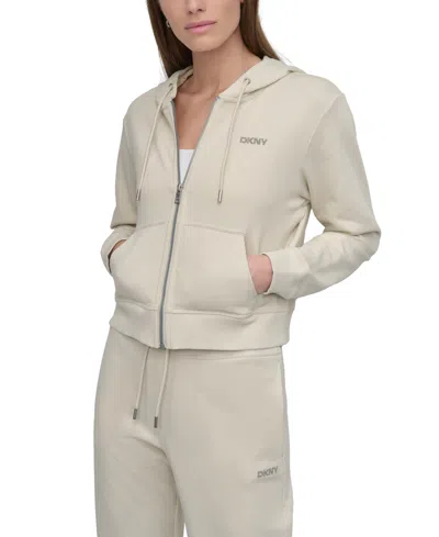 Dkny Sport Women's Cotton-blend Stud-logo Full Zip Hoodie In Light City Khaki