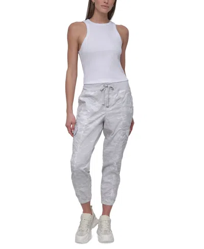Dkny Sport Women's Cotton Ribbed-waist Jogger Cargo Pants In Camo Vapor Grey