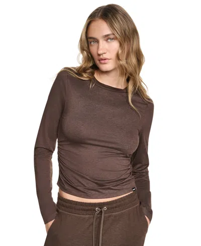 Dkny Sport Women's Crewneck Long-sleeve Ruched Top In Brown
