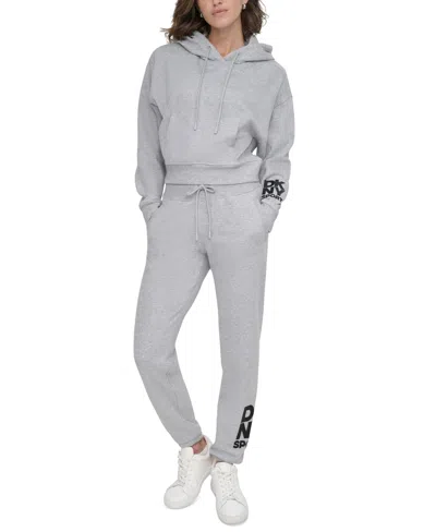 Dkny Sport Women's Cropped Logo Hoodie In Pearl Grey Heather,black