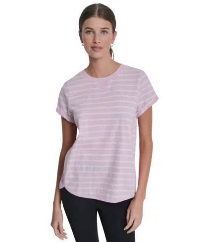 Dkny Sport Women's Embroidered Crewneck Logo Roll-sleeve Top In Purple