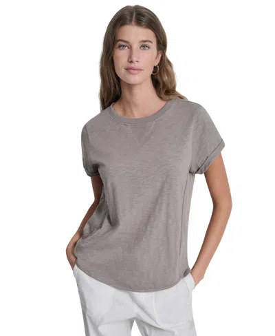 Dkny Sport Women's Embroidered Crewneck Logo Roll-sleeve Top In Gray