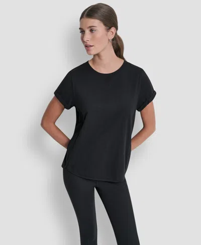 Dkny Sport Women's Embroidered Crewneck Logo Roll-sleeve Top In Black