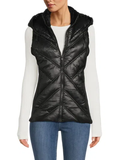 Dkny Sport Women's Faux Fur Quilted Hooded Vest In Burgundy