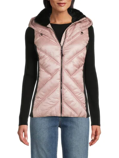 Dkny Sport Women's Faux Fur Quilted Hooded Vest In Pink