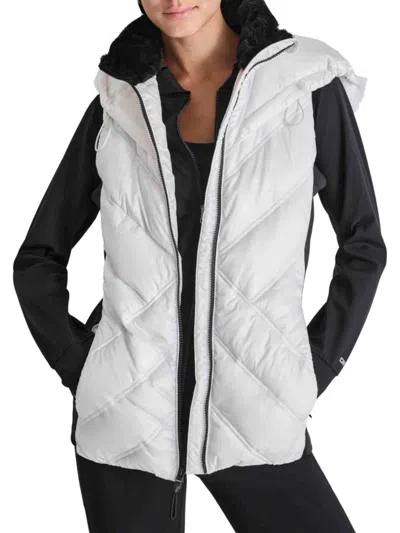 Dkny Sport Women's Faux Fur Quilted Hooded Vest In White