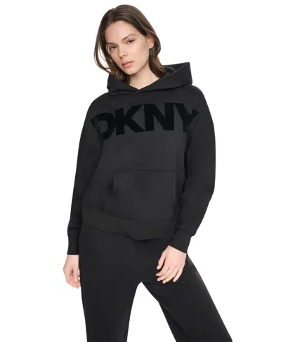 Dkny Sport Women's Flocked Logo Relaxed-fit Hoodie In Black,black