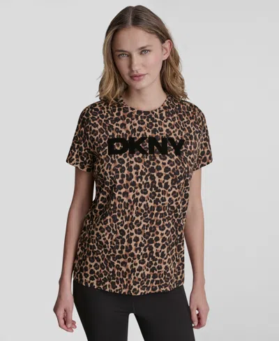 Dkny Sport Women's Foil Logo Leopard Crewneck T-shirt In Animal Print